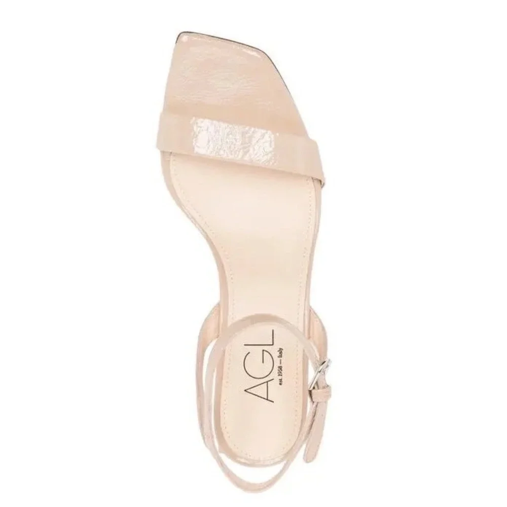 AGL Nude Patent Leather Square Toe Block Heel Sandals Size 39 / US 9